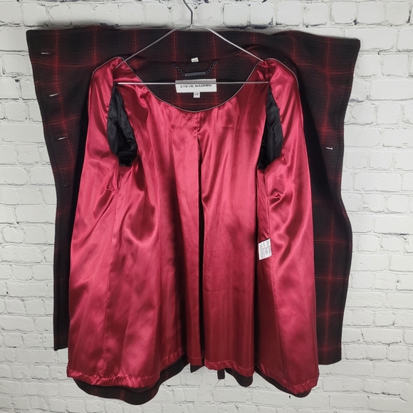 STEVE MADDEN | wool blend double breasted plaid pleated back peacoat - Picture 4 of 9